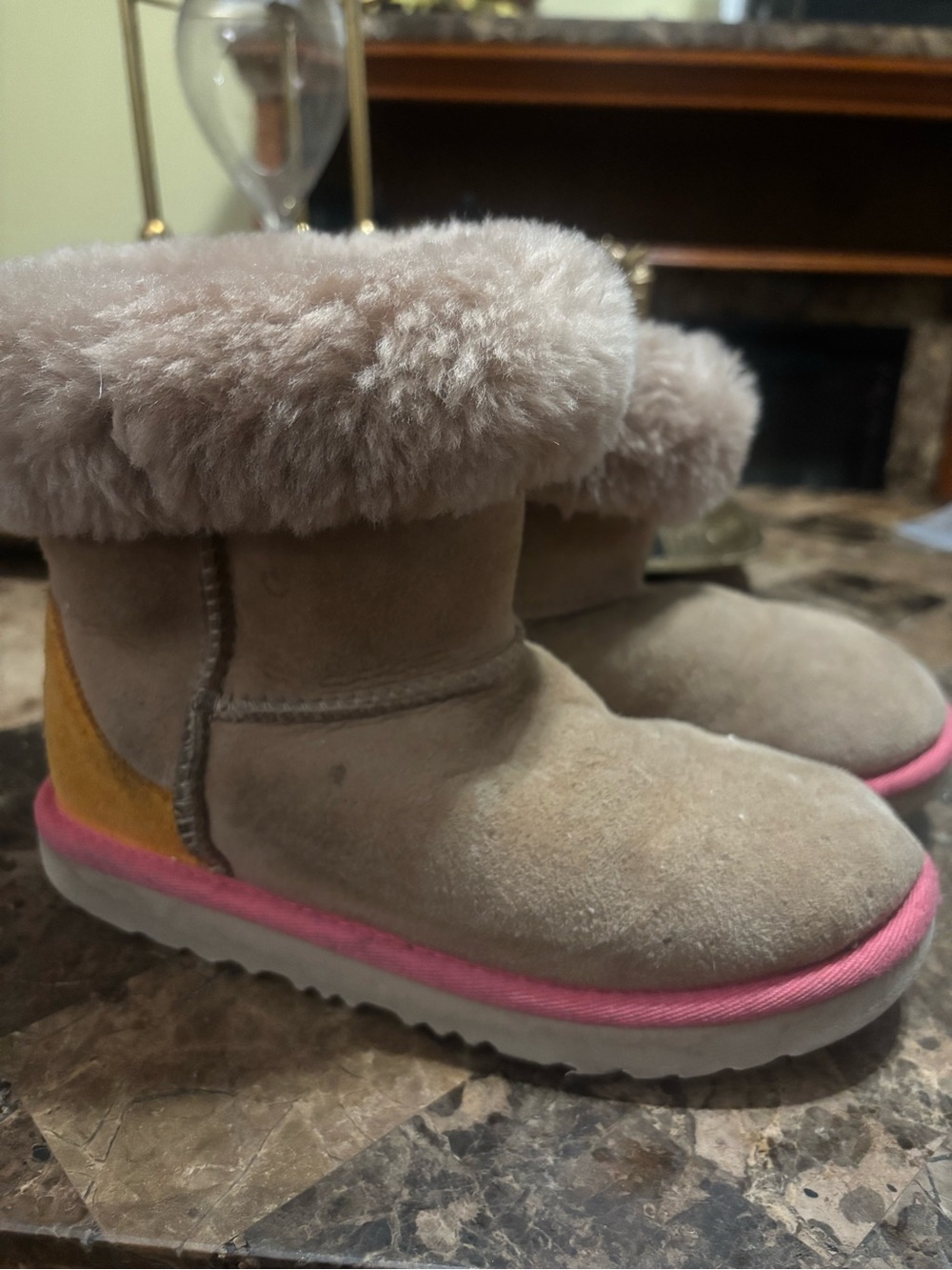 UGG Kids Tan Shearling Boots with Pink Trim and Yellow Heel